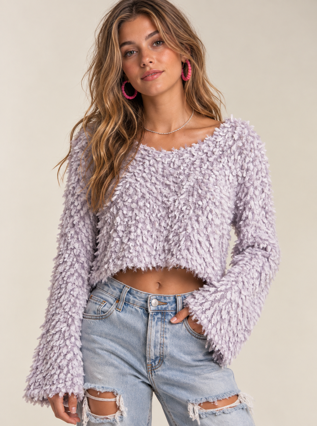2TONE FUZZY CROP SWEATER TOP