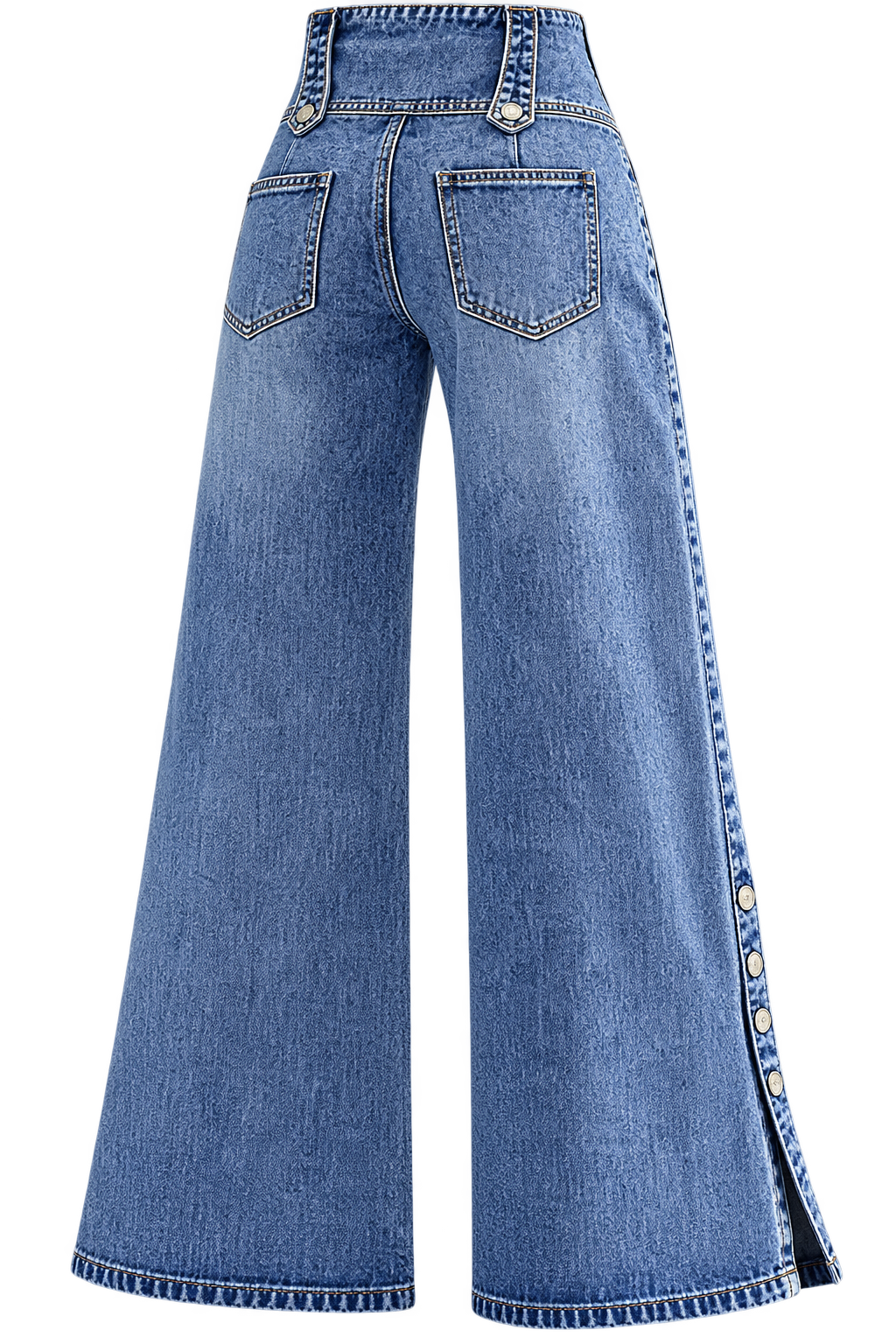 Vintage Wash Button Waist Side Slit Wide Leg Jeans