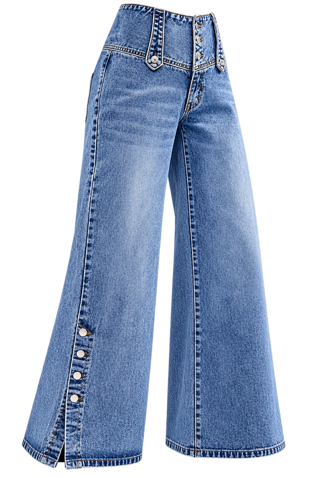 Vintage Wash Button Waist Side Slit Wide Leg Jeans