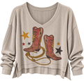 Cowgirl boots print side slit long sleeve top