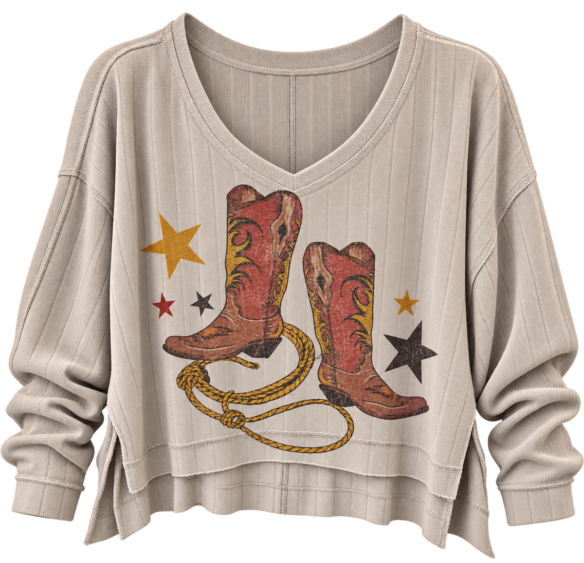 Cowgirl boots print side slit long sleeve top