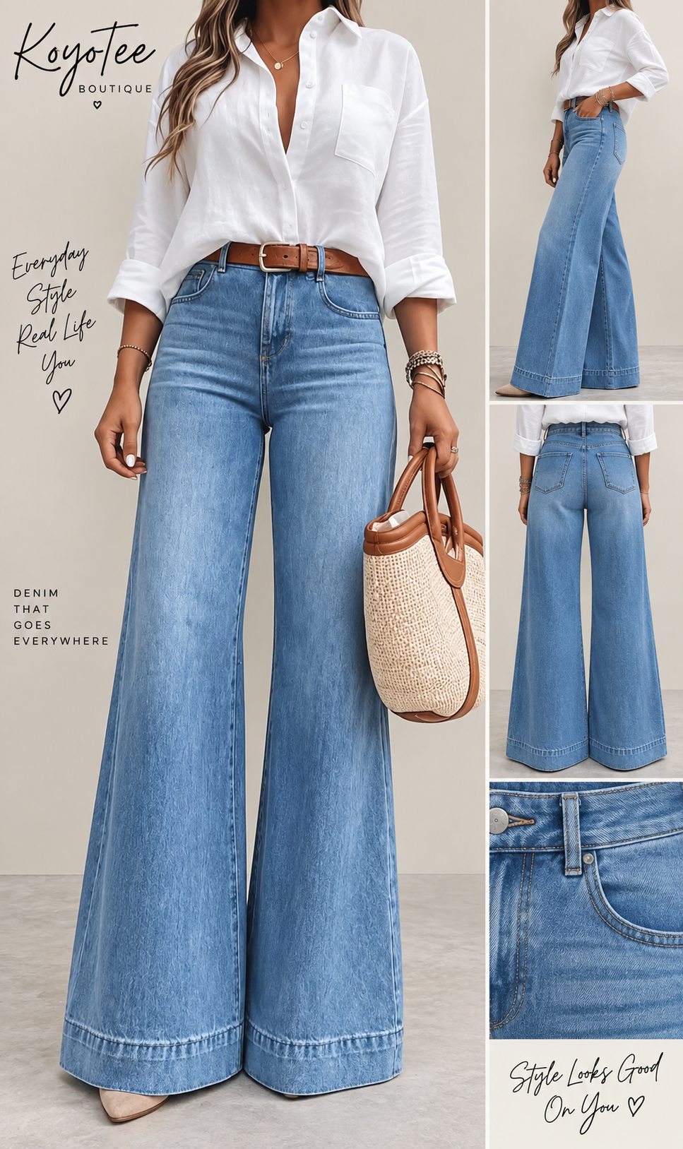 Washed Denim Wide Leg Jeans High Rise Relaxed Fit