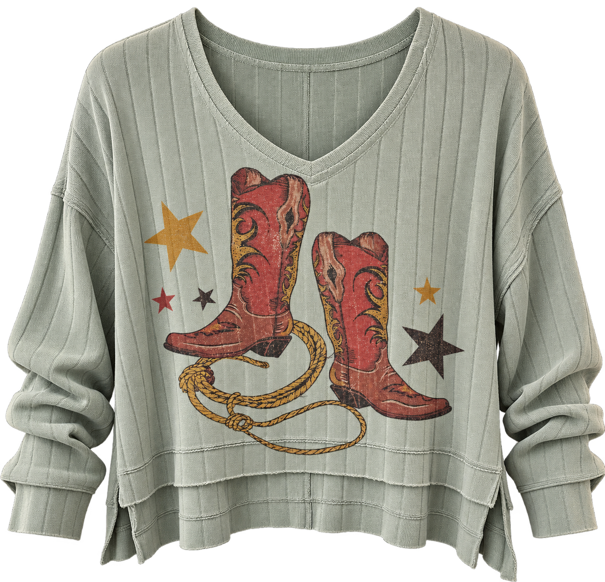 Cowgirl boots print side slit long sleeve top