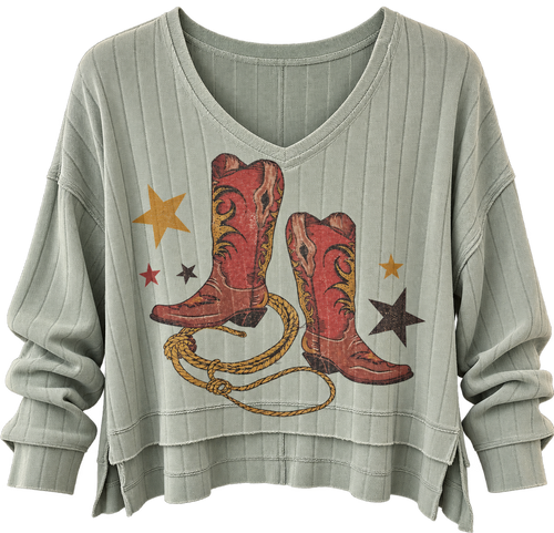Cowgirl boots print side slit long sleeve top