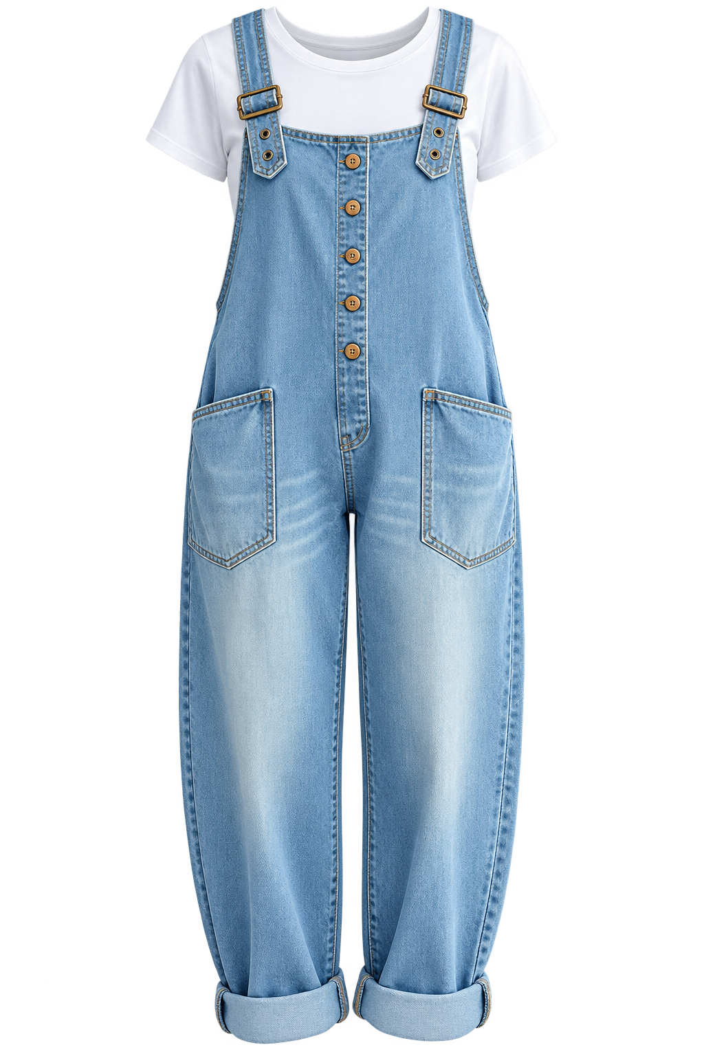 Washed Denim Overalls Adjustable Strap Relaxed Fit