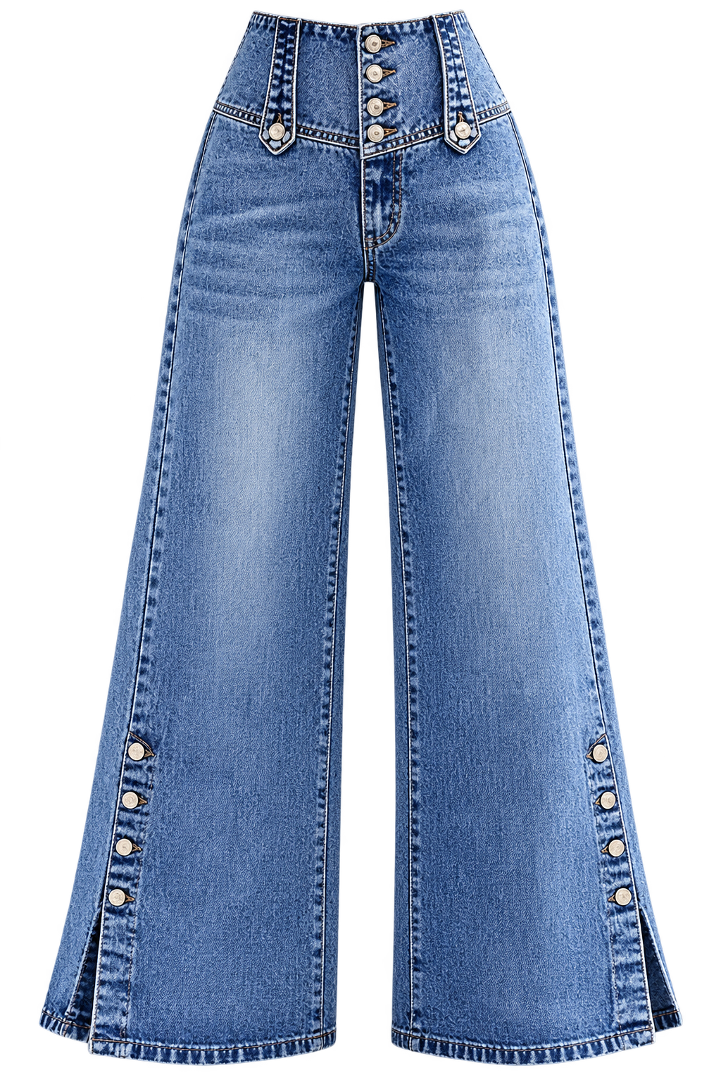 Vintage Wash Button Waist Side Slit Wide Leg Jeans