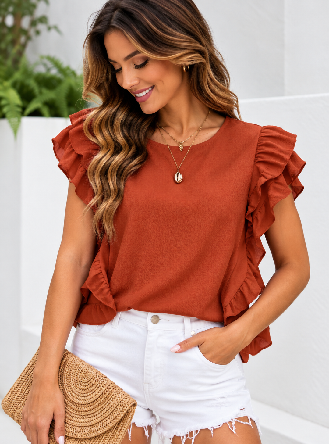 Women’s Solid Ruffle Sleeve Loose Fit Summer Blouse