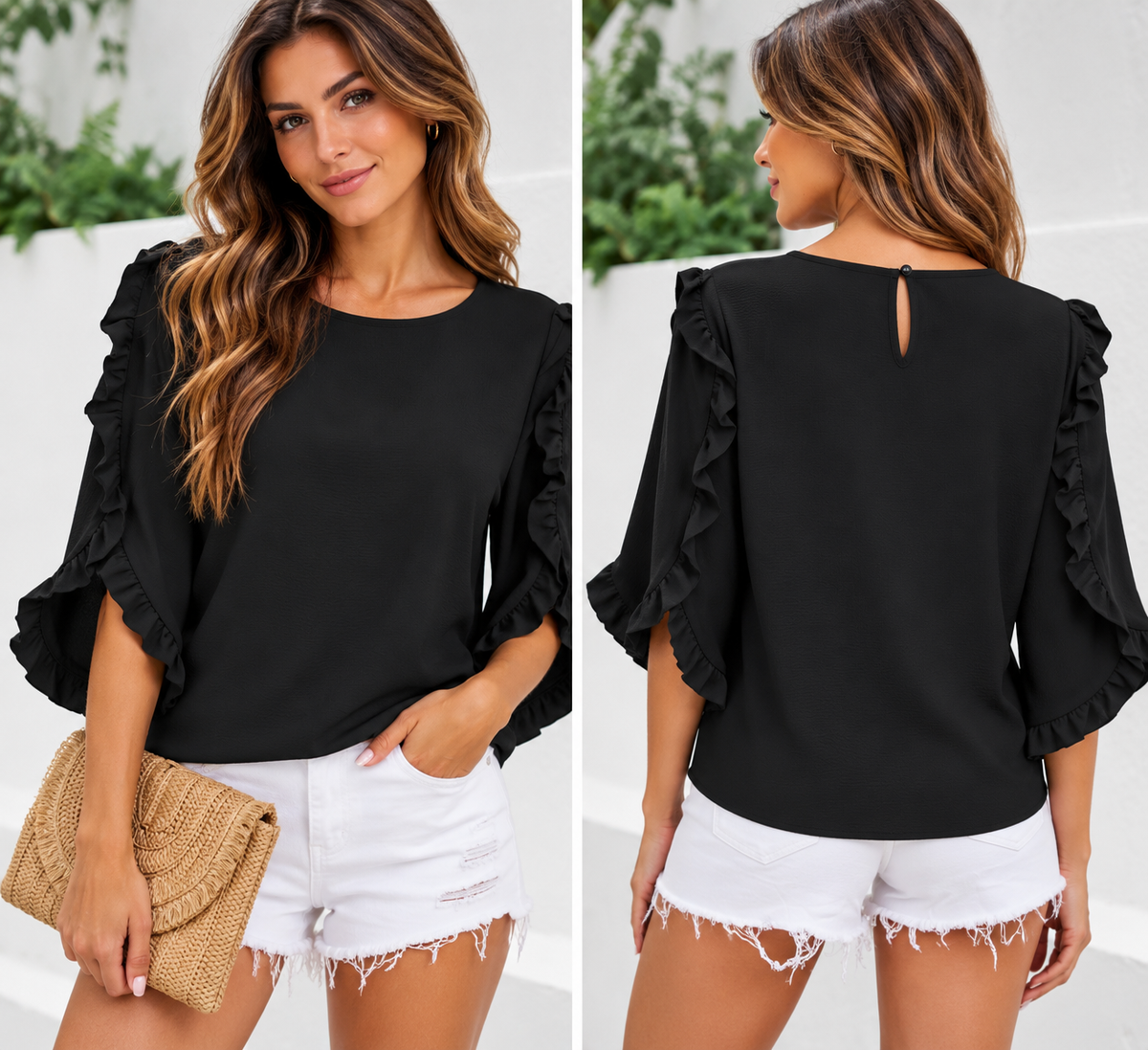 Summer Solid Ruffle Loose Fit Sleeve Shirt