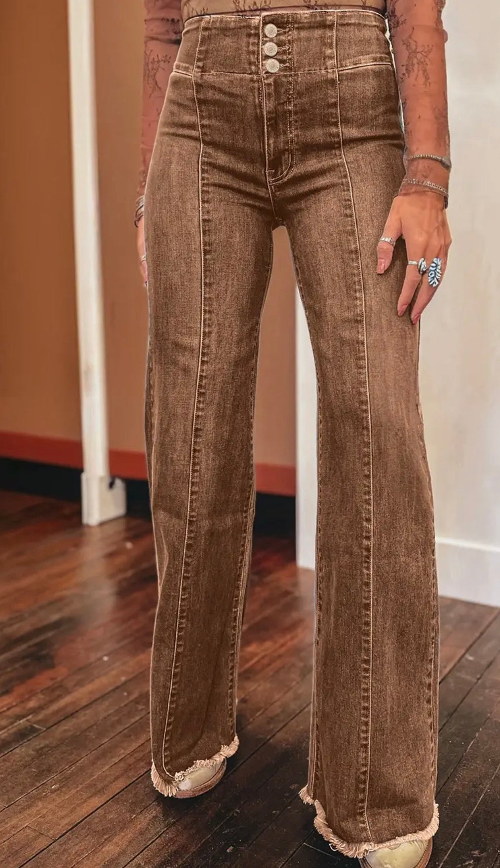 66Western High Waist Button Fly Seamed Raw Hem Flare Jeans
