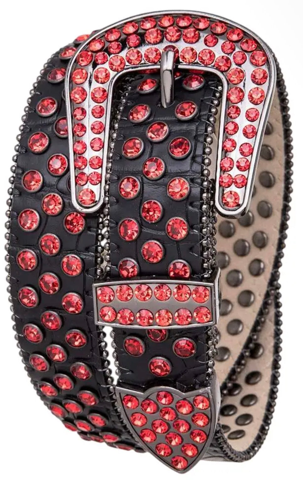 Crystal Studded Leather Belt- Red