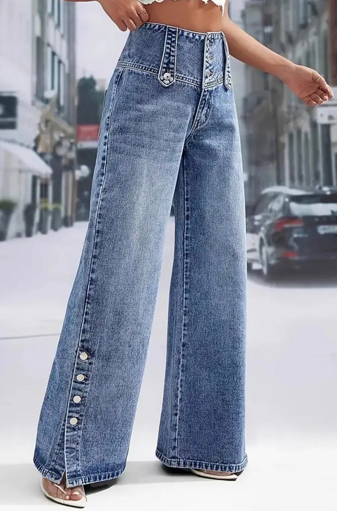 Vintage Wash Button Waist Side Slit Wide Leg Jeans