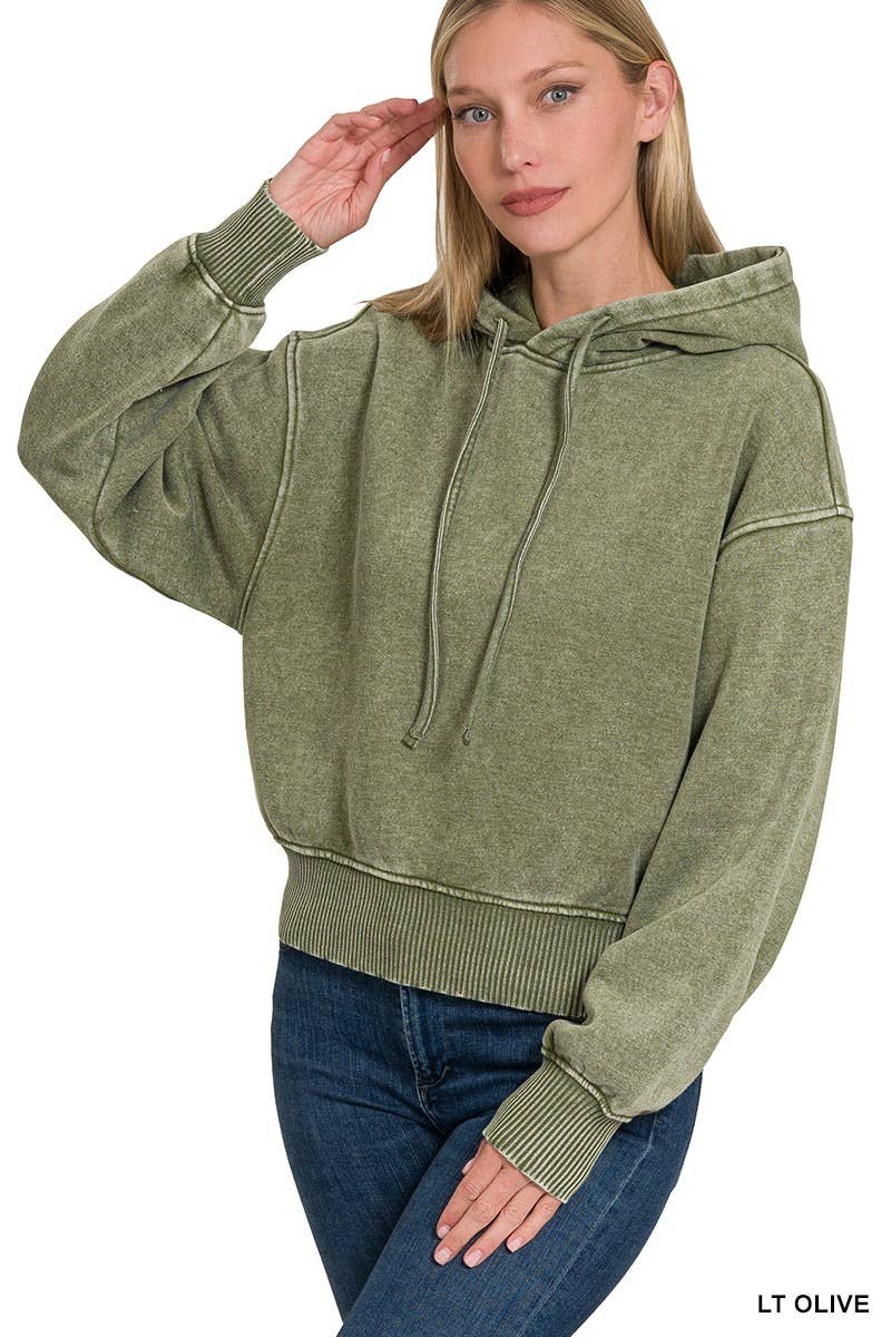 Acid Wash Fleece Cropped Hoodie